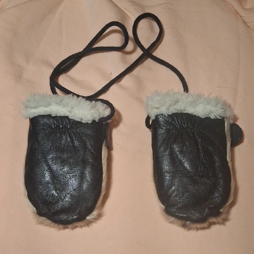 Faux Fur Hand Muffs with Leather Trim and Tie Strap - Beige